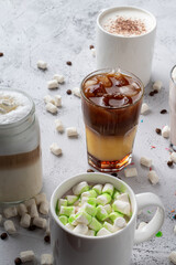 Coffee shop menu, drinks photoshoot on light stone table, morning atmosphere