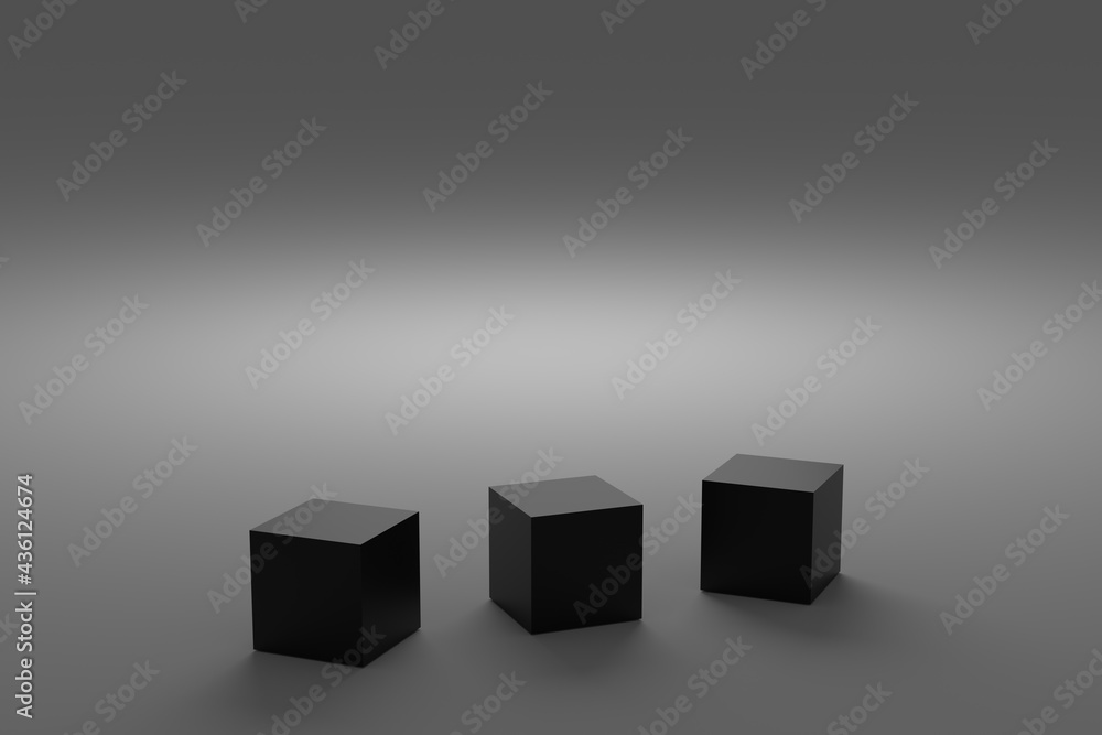 Poster three black podium or pedestal display on light gray background with cube platform. blank product sh