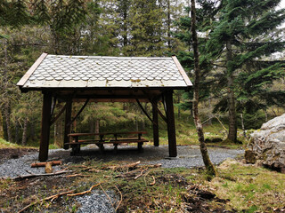 Wooden gazebo in the woods surrounding the Floyen mountain in Bergen, Norway