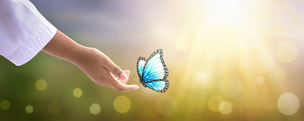 World environment day concept: Butterfly on hand in nature of sunlight in summer in the spring...