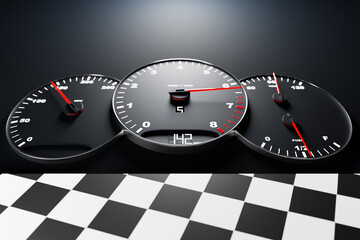 Fototapeta premium 3D illustration new car interior details. Speedometer shows 142 km h , tachometer with white backlight . Сlose up black car panel, digital bright speedometer in sport style.