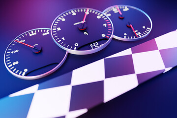 3D illustration new car interior details. Speedometer shows 142 km h , tachometer  with  white...