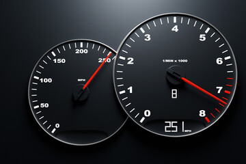 3D illustration of the close up Instrument automobile panel with odometer, speedometer, tachometer  on black isolated background