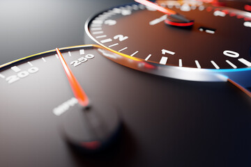 Naklejka premium 3D illustration of the close up Instrument automobile panel with odometer, speedometer, tachometer on black isolated background