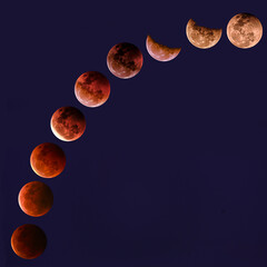 Multi shot moon from lunar eclipse to full moon with very dark blue background - obrazy, fototapety, plakaty
