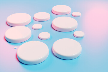 3d illustration ofround pedestals of various sizes.Set of chewing gum on pink-blue background. Technology geometry  background