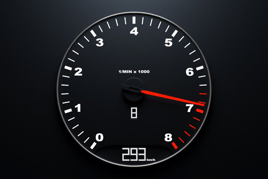 3D ilustration close up car  tachometer  with white lights round inside on black background  . Car interior. sign and symbol on car dashboard.