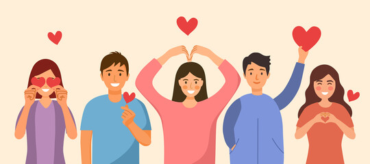 People show message of love via hand gesturing in flat design. Man and woman with red heart shape vector illustration.