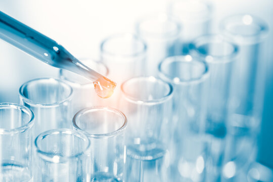 close up view of scientist dripping liquid into a test tube, Laboratory experiments research scientific concept. - Powered by Adobe