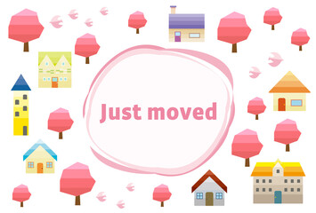 引越しをお知らせするハガキ　春の街並みのベクターイラスト
