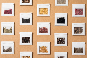 A bunch of colorful seeds of vegetables and spices in handcrafted packets made of recycled paper and arranged in symmetry on a raw surface 