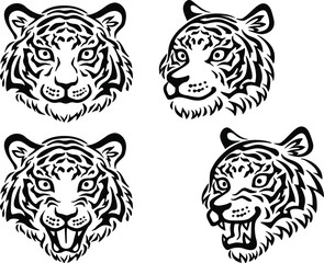 虎の顔のイラストセット（正面、斜め、口を開ける）