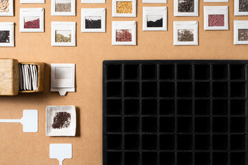 Vegetable and spice seeds in small handcrafted packets ready for sowing and a black seedling tray with space for text