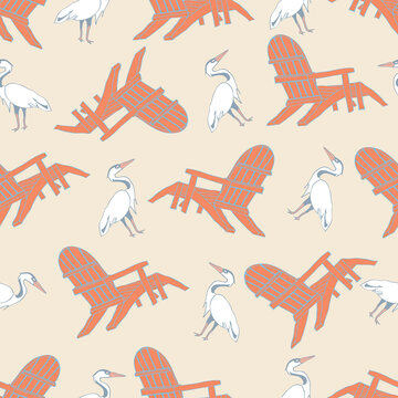 Nautical beach seamless pattern theme with beach chair and great egret bird on tan background.