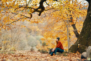 Naklejka premium woman with backpack in autumn forest sitting near tree landscape fresh air park