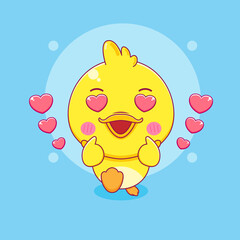 Cartoon illustration of cute little duck character posing finger love