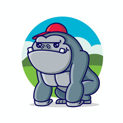 Cartoon cute king kong gorilla wearing red cap with nature  forest background