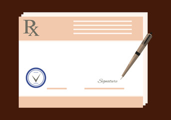 Prescription signing process. Prescription pad medical form. Realistic paper document template of doctor's recipe with pen and stamp. An example of a  for design. Medical healthcare concept. Vector  © TaMih