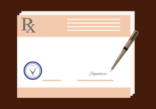 Prescription signing process. Prescription pad medical form. Realistic paper document template of doctor's recipe with pen and stamp. An example of a  for design. Medical healthcare concept. Vector 