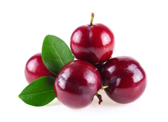 red cherry plum with green leaves isolated on white background