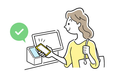 ベクターイラスト素材：スマホを使ってキャッシュレス決済をする女性
