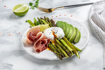 breakfast baked asparagus with Poached Egg, avocado and prosciutto, jamon, bacon. Low carb high fat...