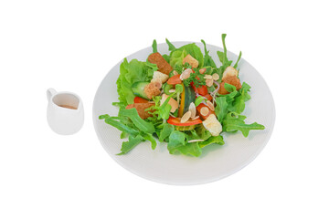 vegetable salad with salad dressing isolated on white ,clippng path included for design.