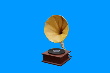 3d rendered cartoon illustration. Old record player isolated on blue background