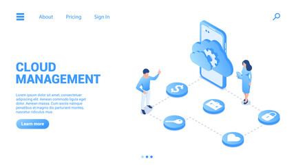 Cloud management concept. Digital data storage and its configuration. Landing page or web banner template. Vector illustration in isometric style isolated on a white background. 