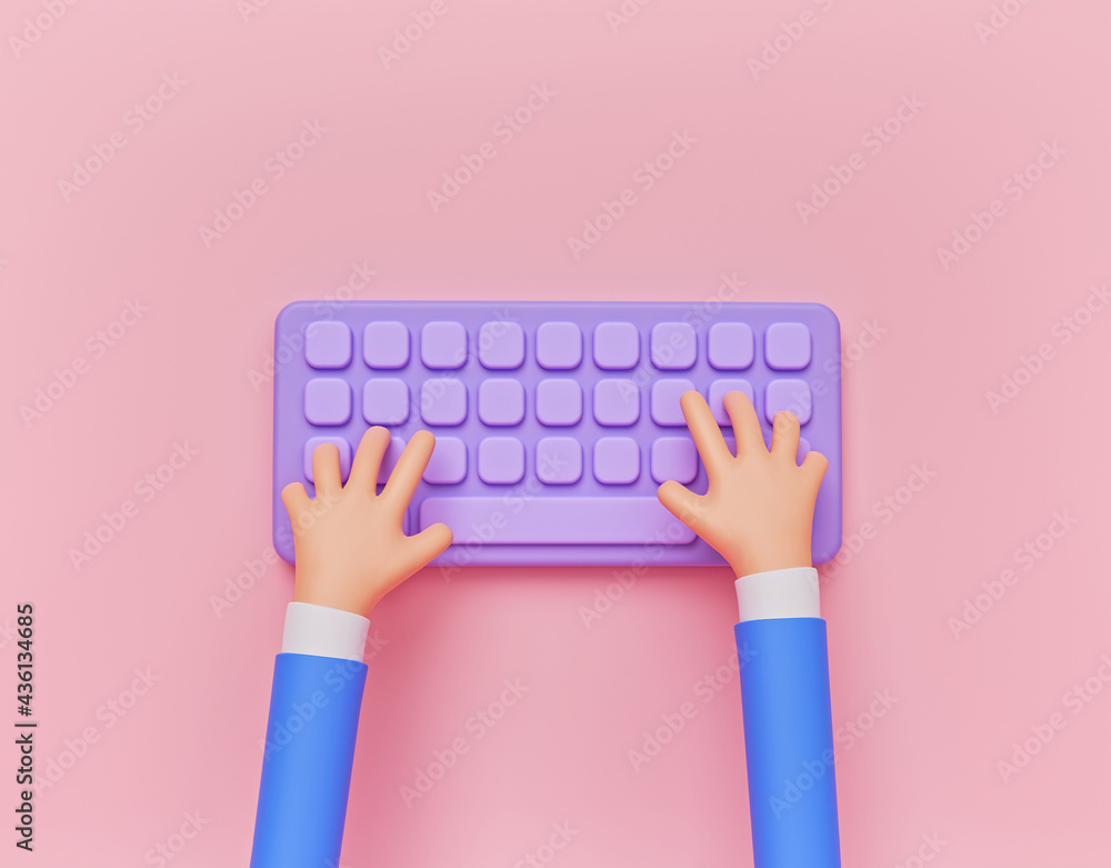 Poster minimal concept. cartoon hands typing on a keyboard. 3d rendering