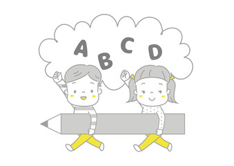 鉛筆をもって行進する男の子と女の子　英語　アルファベット