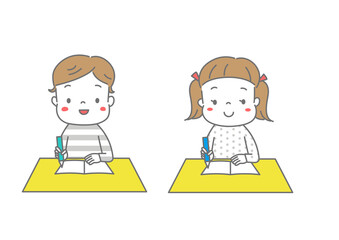 笑顔で楽しそうに勉強する男の子と女の子