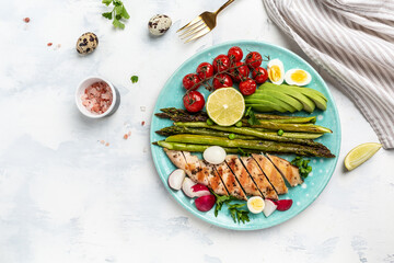 Fototapeta na wymiar Plate with a keto diet food. asparagus, chicken fillet, cherry tomatoes, avocado, quail eggs and radishes served on black table. Keto breakfast. banner, top view