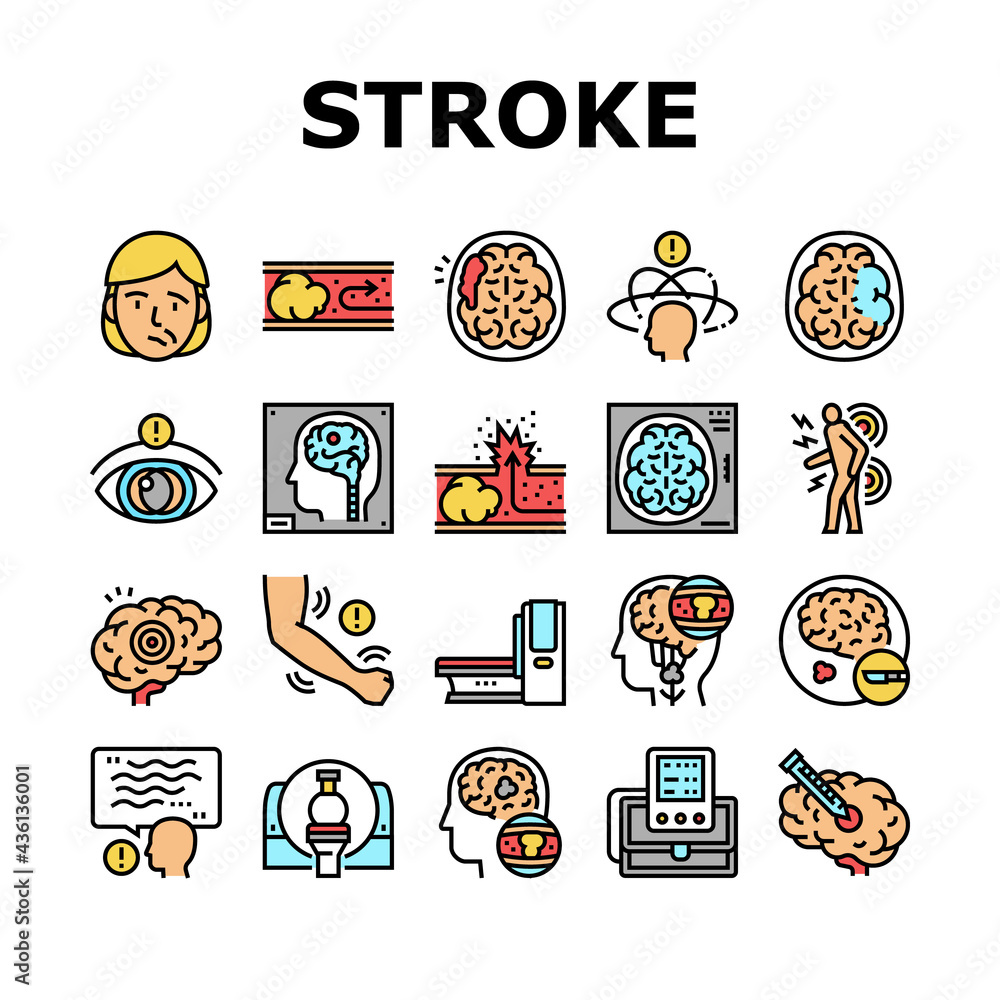 Poster stroke health problem collection icons set vector. surgical operation brain stroke treat and injecti