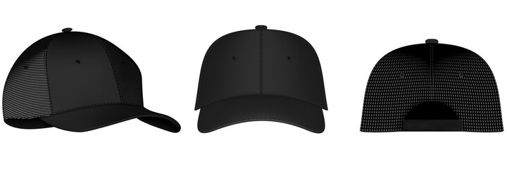 Design template, vector realistic white baseball cap front, back and side view isolated on background. Realistic back front and side view. Vector baseball cap front and side view.