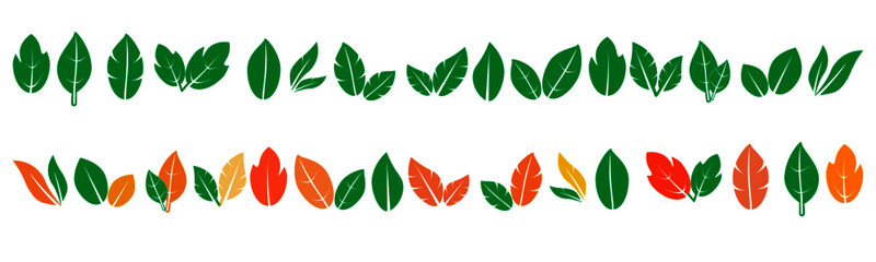 Green and Autumn Leaves icon vector set isolated on white background. Various shapes of green leaves of trees and plants. Elements for eco and bio logos.