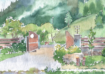 Watercolor sketch. Forest camp in the Carpathian mountains