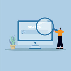 illustration of someone looking for a website address. trending search engine.