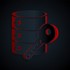 Paper cut Server security with key icon isolated on black background. Security, safety, protection concept. Paper art style. Vector Illustration