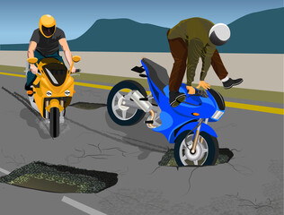 Vector Illustration of bikers facing potholes and cracks on road