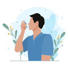 Man uses an asthma inhaler against an allergic attack. World asthma day. Allergy, asthmatic. Concept of inhalation medicine. Bronchial asthma. Vector flat illustration