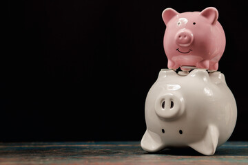 Mother and child pig piggy bank, concept of saving money for the family
