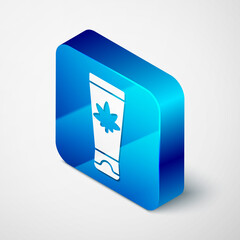 Isometric Medical cream with marijuana or cannabis leaf icon isolated on grey background. Mock up of cannabis oil extracts in jars. Blue square button. Vector Illustration