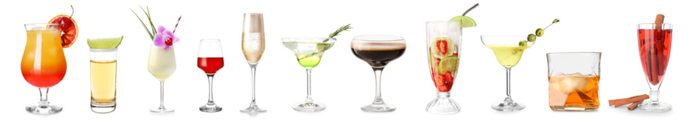 Different alcoholic cocktails on white background
