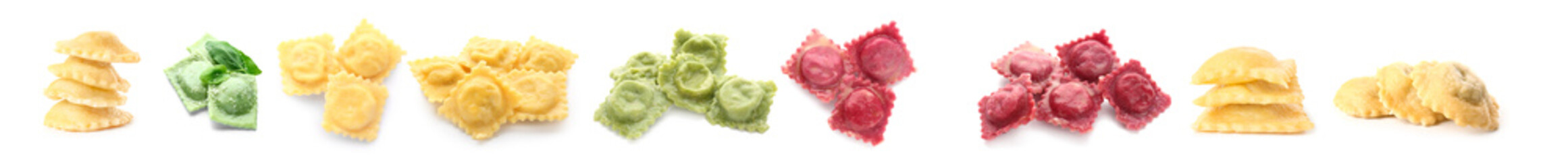 Different cooked ravioli on white background