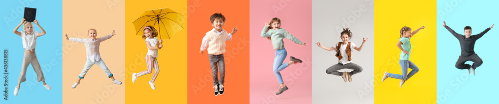 Sticker jumping children on color background