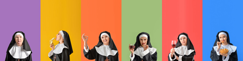 Funny senior nun on light background