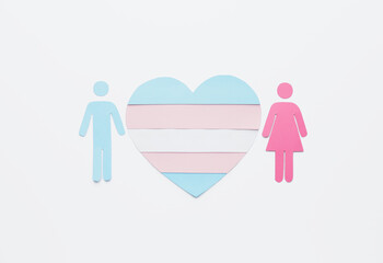 Flag of transgender in shape of heart, male and female figures on white background