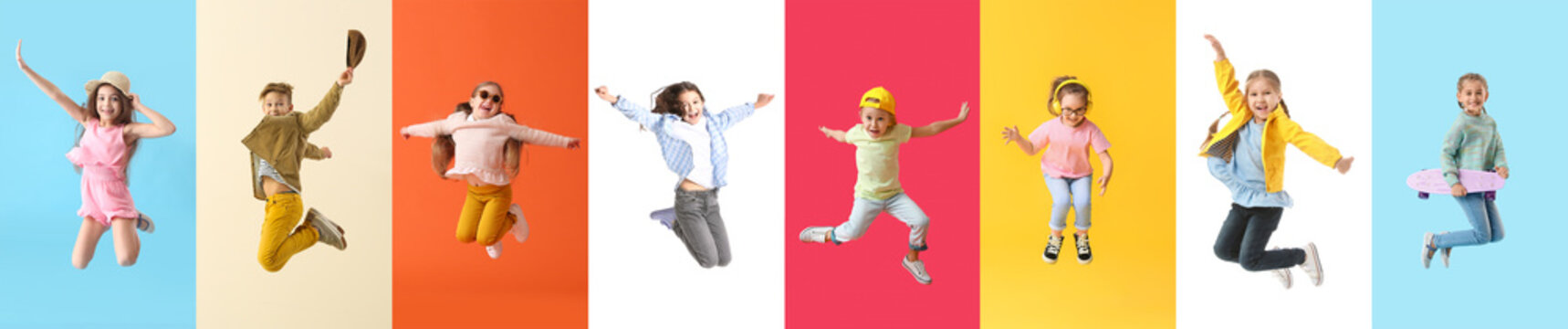 Jumping children on color background