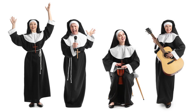 Group of funny nuns on white background